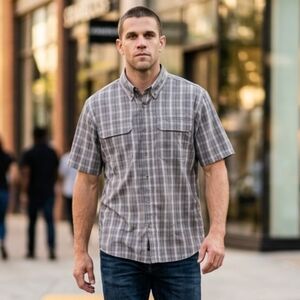 Brazos Workwear Button Down Shortsleeve Sea Spray Plaid 2 pocket Wicking XL NWT